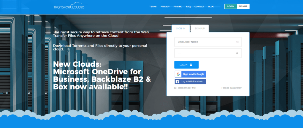 Transfercloud - landing page